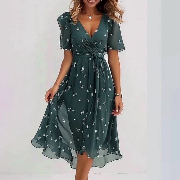 2026 New Chiffon Print Women's Sexy, Elegant, and Mature V-Neck Dress