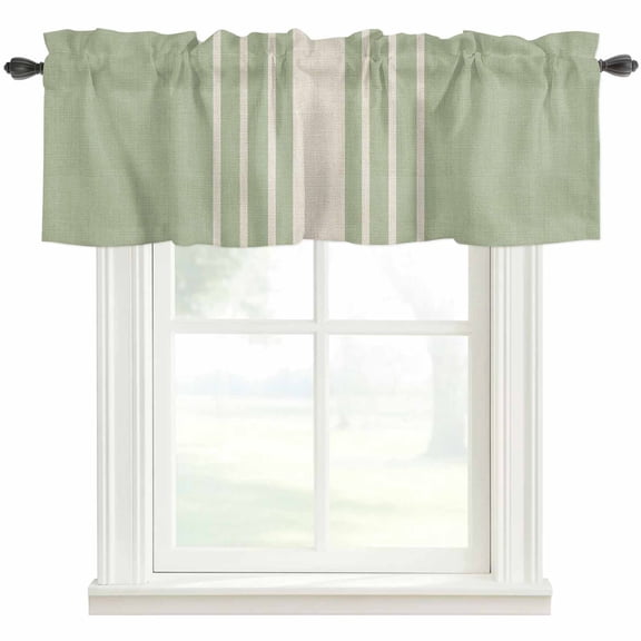 Sage Green Beige Striped Kitchen Valances for Windows, Modern Farmhouse Retro Lines Bathroom Window Valances 42x12 Inch Rod Pocket Window Treatments Valance Curtains for Living Room Bedroom Decor