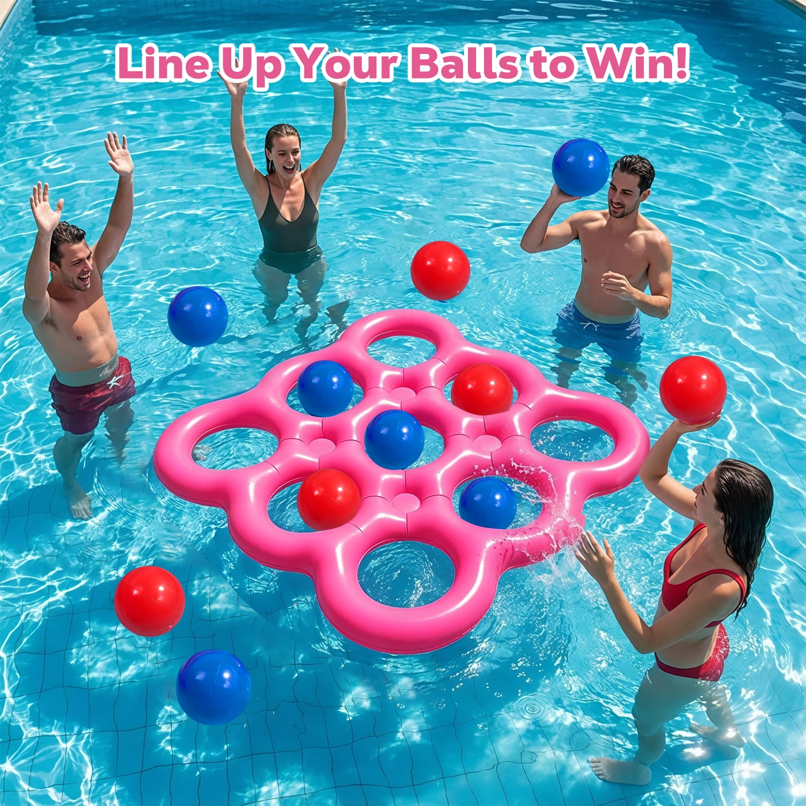 MoKo Pool Toys Games Set Tic-Tac-Toe Inflatable Pool Toy with 10 Balls - for Adults Teens Kids 2-10 Players, Magenta