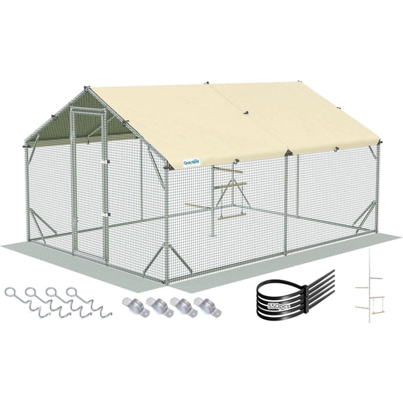 Quictent Large Metal Chicken Coop Run for 20  Poultry with Waterproof Roof Cover and Galvanized Hardware Cloth, Outdoor Walk-in Cage Peak Hen House for Yard Farm, 9x12x6.5FT