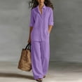 thumbnail image 3 of Women's Sets 2 Piece Outfits Cotton Linen Button Down Long Sleeve Shirts and Pants with Pockets Wide Leg Elastic Waist Set Travel Spring Summer Vacation Loose-Fit Walking Outfits Tracksuit,Purple M, 3 of 4