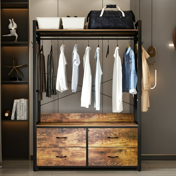 NAIYUFA Garment Racks Wood Large Capacity Brown Clothes Rack with Drawers,Hooks,Bag Storage,Clothing Cabinet