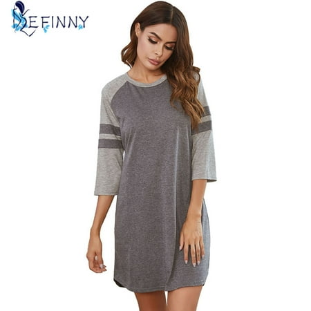

Pretty Comy Womens Cotton Night Shirt for Sleeping Sleepwear 1/2 Sleeves Striped Patchwork Sleep Shirts S-XXL