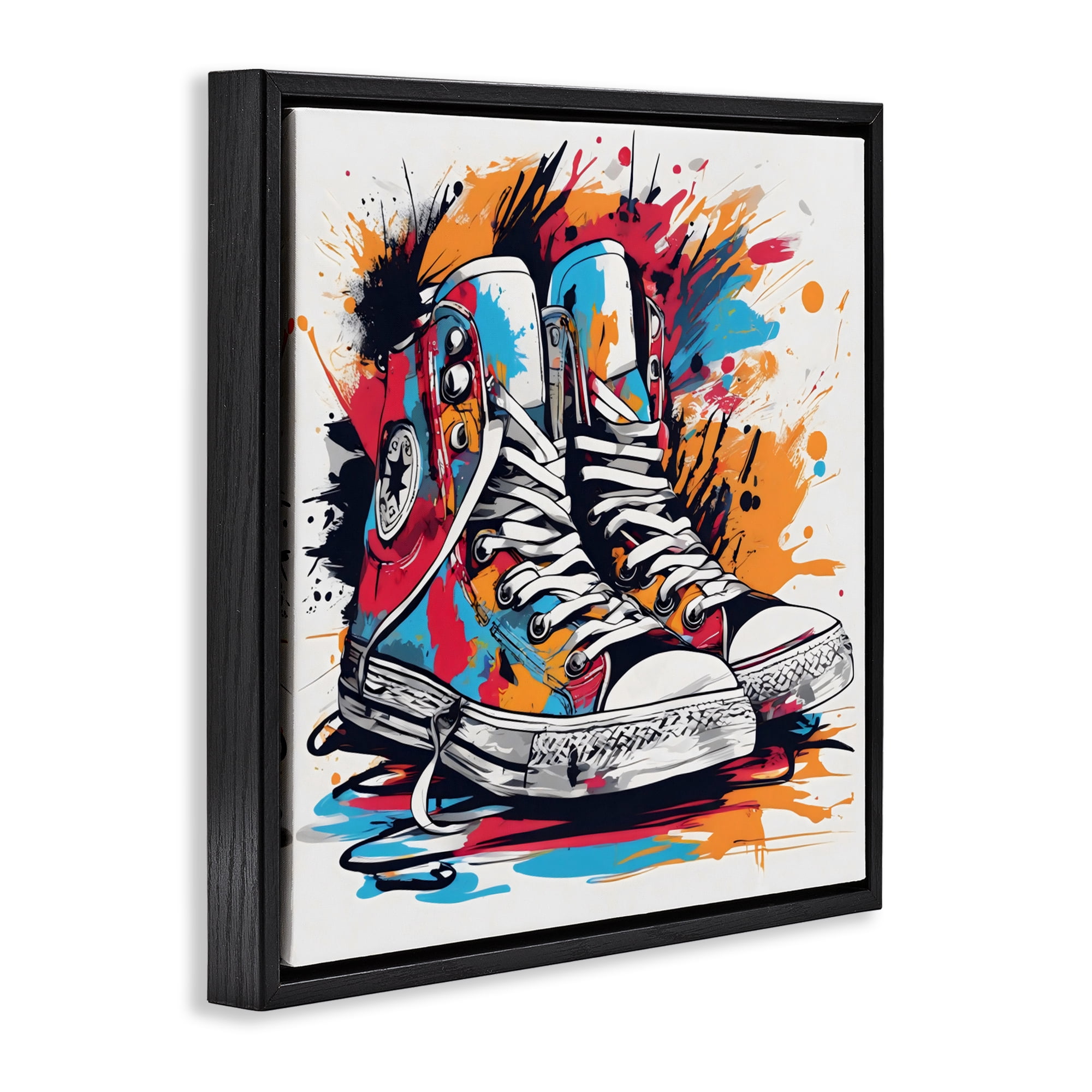 Stupell Industries Colorful Sneakers Graffiti Splash Black Framed Floater Canvas Wall Art, design by Creative Studio