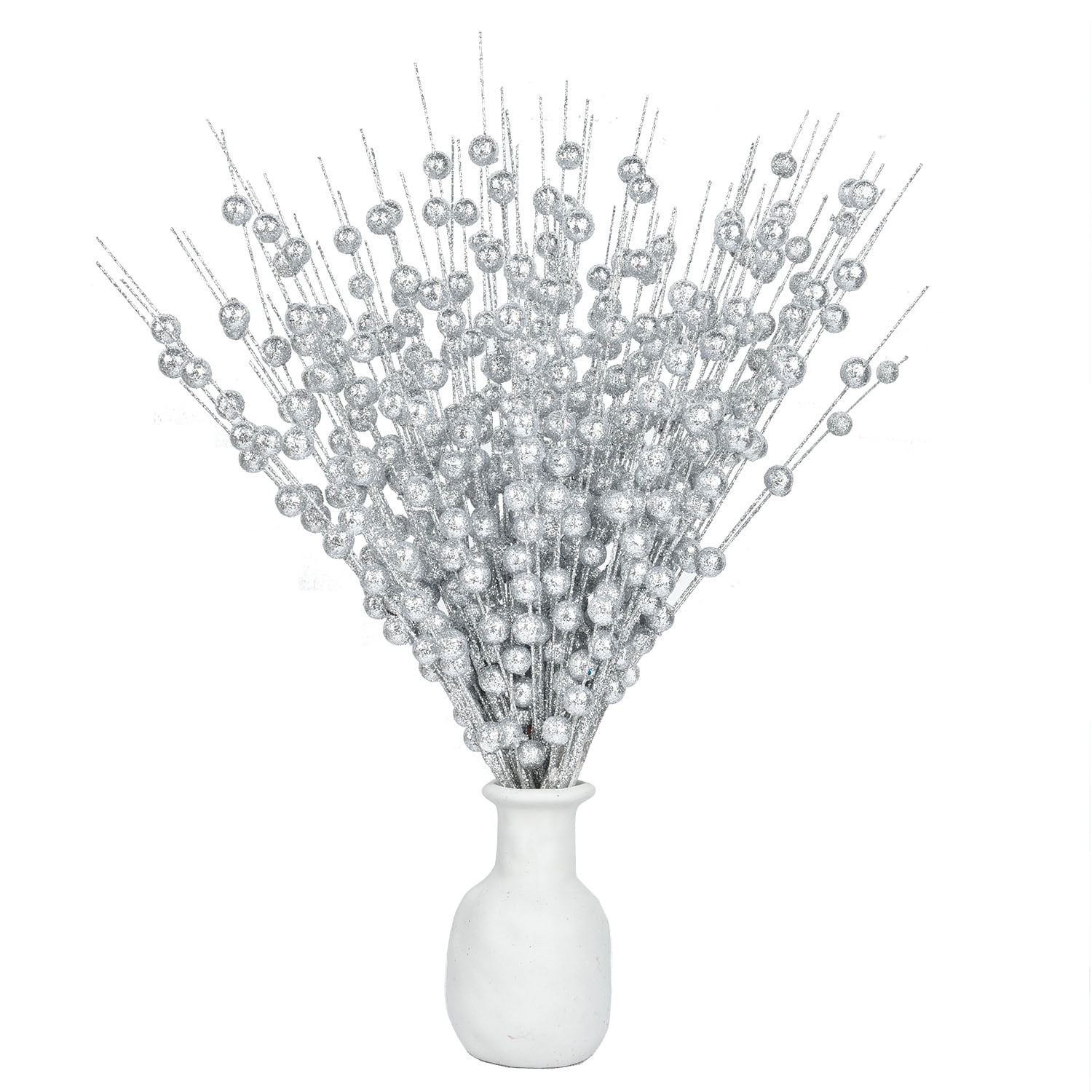 Gomaty 12Pack Silver Artificial Glitter Berry Stem Ornaments 16.5Inches
