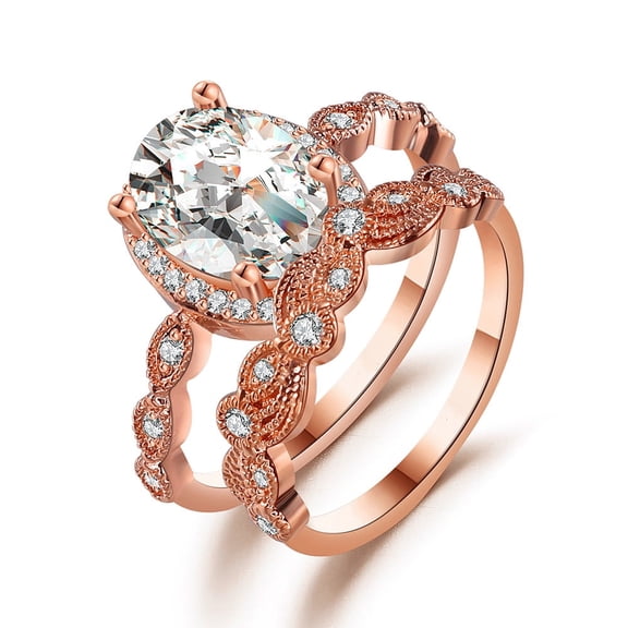 Amara Bridal Set Engagement Ring Wedding Band Rose Gold Plated Cubic Zirconia Ginger Lyne Collection