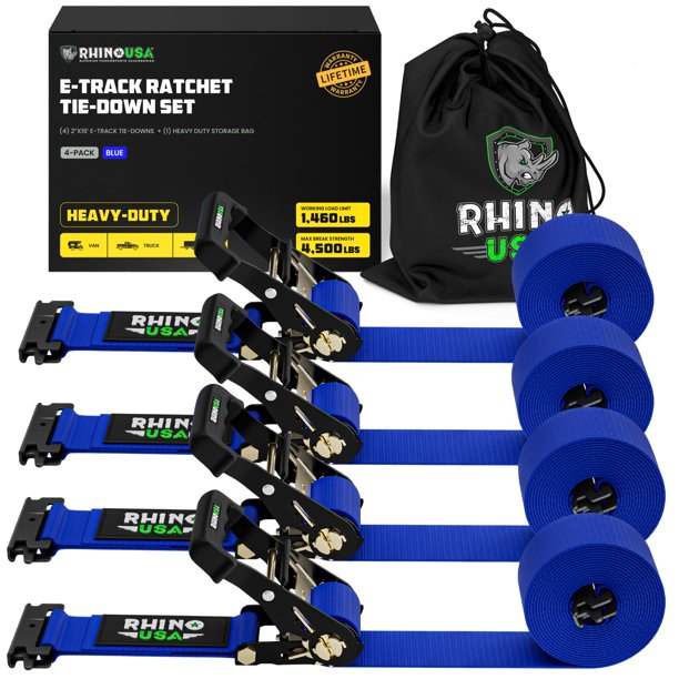 Rhino USA E Track Correas de amarre con trinquete (resistencia a la rotura de 4,500 lb) - Incluye (4) amarres eTrack premium de 2" x 16' - Sistema de correas de carga eTrack de alta resistencia para r