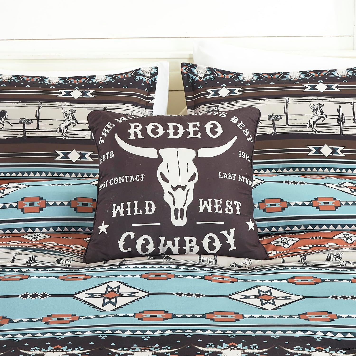 Chezmoi Collection Boone 7-Piece Southwestern Cowboys Rodeo Comforter Set, Multicolor Blue Brown Beige Clay Printed Washed Microfiber Bedding, California King