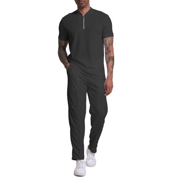 BUYJYA 2 Pieces Men's Sweatsuit Casual Quarter Zip Shirt and Pants Set for Beach Walks Tennis Golf Jogging