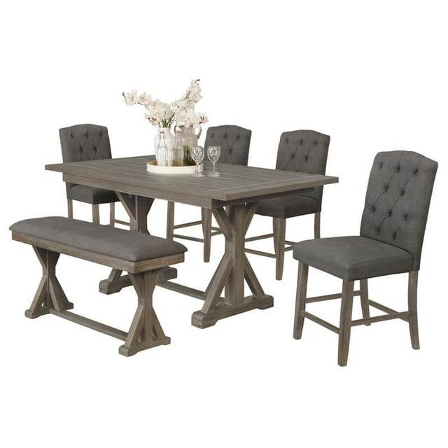 Ensemble de Salle à Manger en Bois Rustique 6pc avec Table + Chaises Grises + Banc