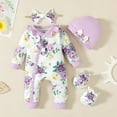 thumbnail image 2 of KIMI BEAR Newborn Baby Girls Bodysuit Winter Warm Clothes Long Sleeves Romper Bowknot Floral Jumpsuit Button Bottom One-piece Overalls with Headband and Hat and Gloves 4pcs Purple NB, 2 of 9