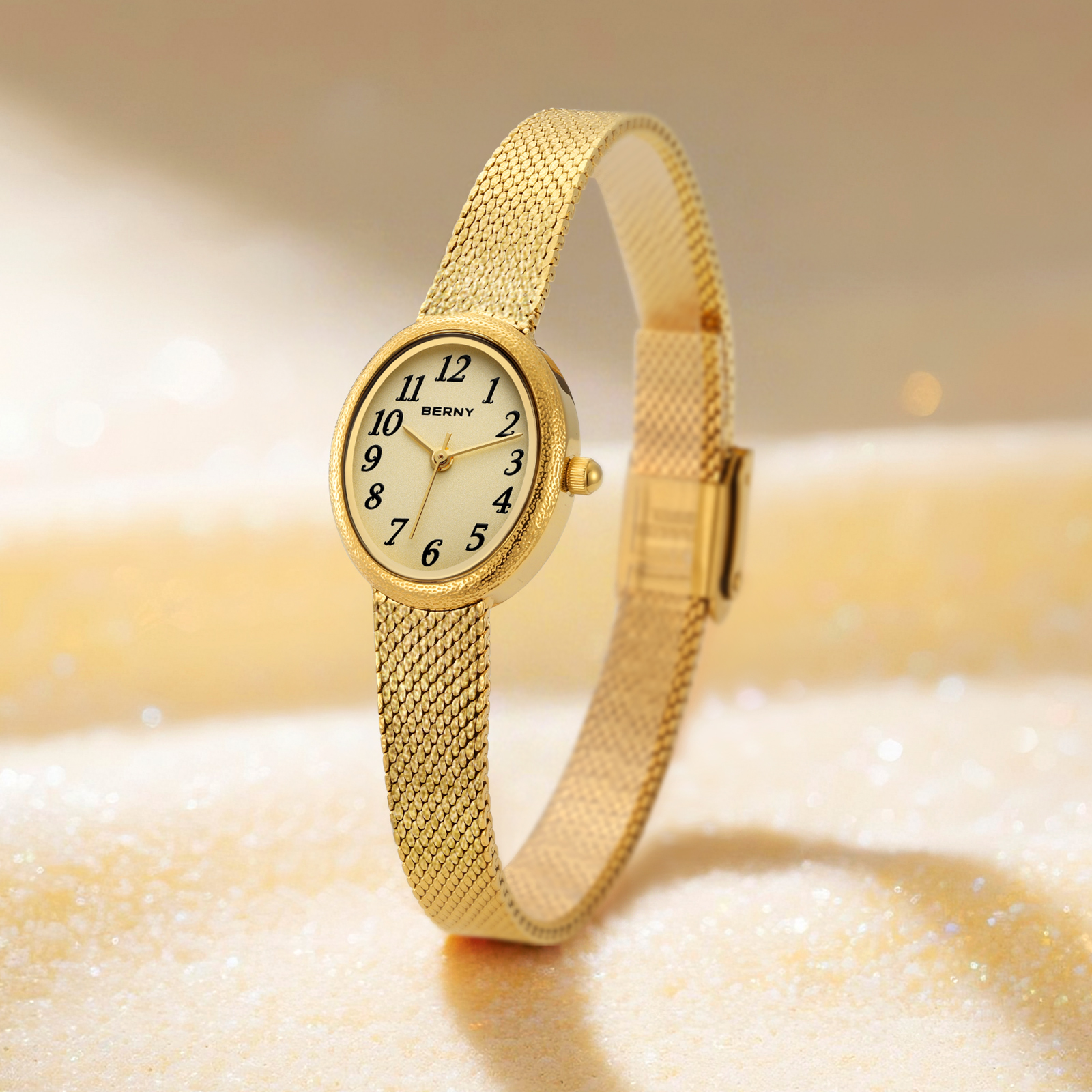 BERNY Small Gold Watches for Women, Dainty Easy to Read Oval Dial, Vintage Stainless Steel Bracelet Watch, Adjustable Mesh Band, Waterproof, Luxury Ladies Analog Quartz Wrist Watch Gifts (Gold)