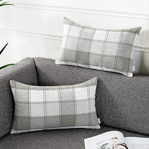 AmHoo Pack of 2 Farmhouse Stripe Check Throw Pillow Covers Set Case Cotton Linen Decorative Pillowcases Cushion Cover for Couch Bench Sofa 18x18Inch Light Grey Beige
