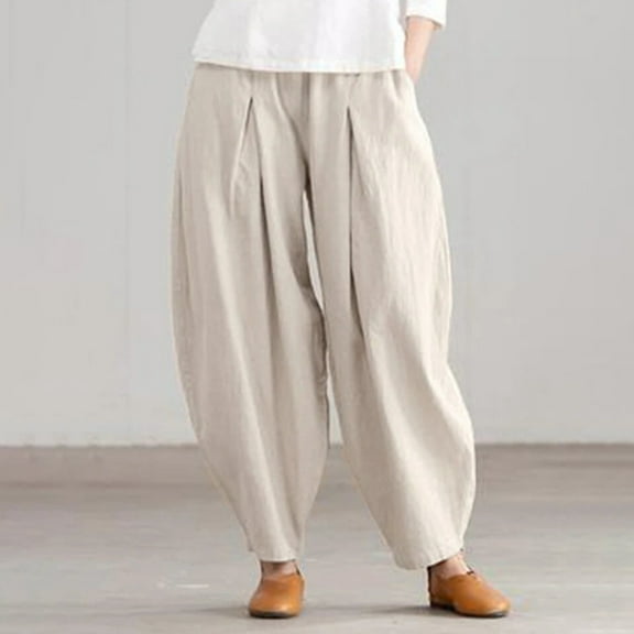 Ediodpoh Women's Simple Harem Wide Leg Elastic Waist Pants Casual Pants Trousers Summer Pants for Women 2024 Beige XXXXL