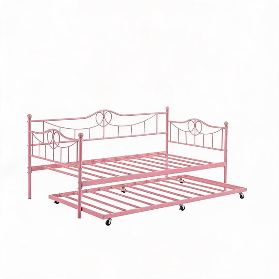 TacleeKii Twin Daybed with Pull Out Trundle Bed Frame Space Saving Sturdy Steel Frame for Guest Room Pink