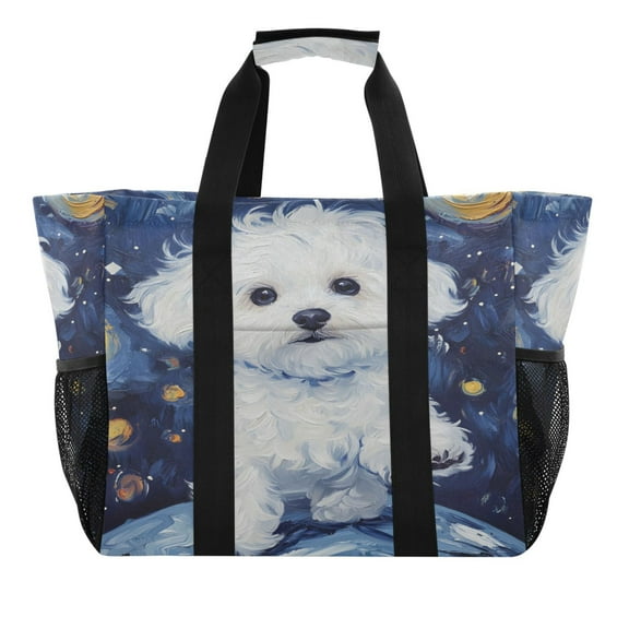 Reusable Grocery Bags with Handle Side Pocket Waterproof Shopping Portable Tote Cute White Dog Walking at Night