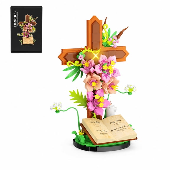 Jesus Cross Flowers Building Blocks, Building Toys and Building Sets for Adults, Brown Plastic Religious Decor Gift