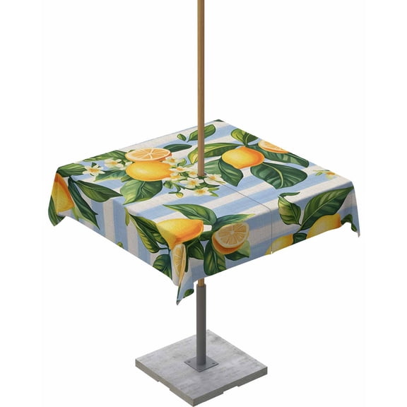 Outdoor Tablecloth with Umbrella Hole for Patio/Picnic/Party/Camping, Yellow Lemon Waterproof Table Cloth Square Cover Washable, Rustic Summer Fruit Blue Strip Burlap 60"x 60"