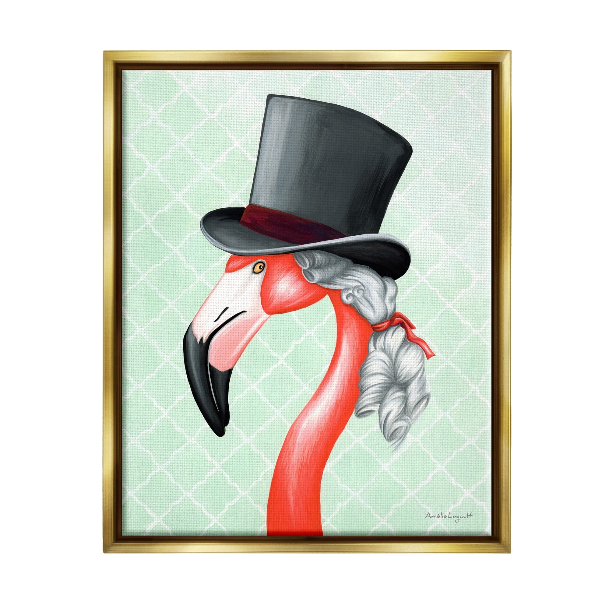 Stupell Industries Flamingo Old-Fashioned Hair Top Hat Patterned Squares Graphic Art Metallic Gold Floating Framed Canvas Print Wall Art, Design by Amelie Legault