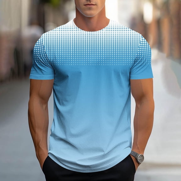 Men's Gradient Print Casual Stretch Sports T-Shirt - Moisture-Wicking Breathable Crew Neck for Gym, Outdoor Hiking, Daily Wear,01-Sky Blue_L