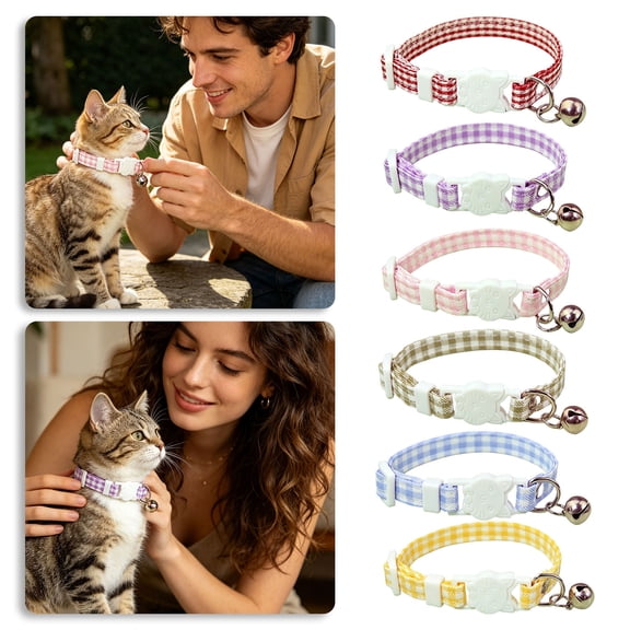 Forestwhale Adjustable Plaid Cat Collar Breakaway Checkered Neckband with Bell Cute Gingham Design for Small Pets & Puppies Purple