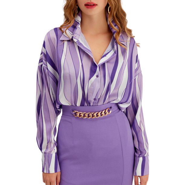 Blusas De Verano Blusas básicas de rayas verticales Camisa de corte holgado Traje diario para damas (Púrpura L) Cgtredaw Para estrenar