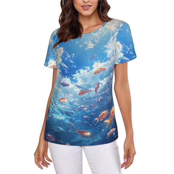 Underwater World Fish T-Shirt Crew Neck Short Sleeve Full-Print for Women
