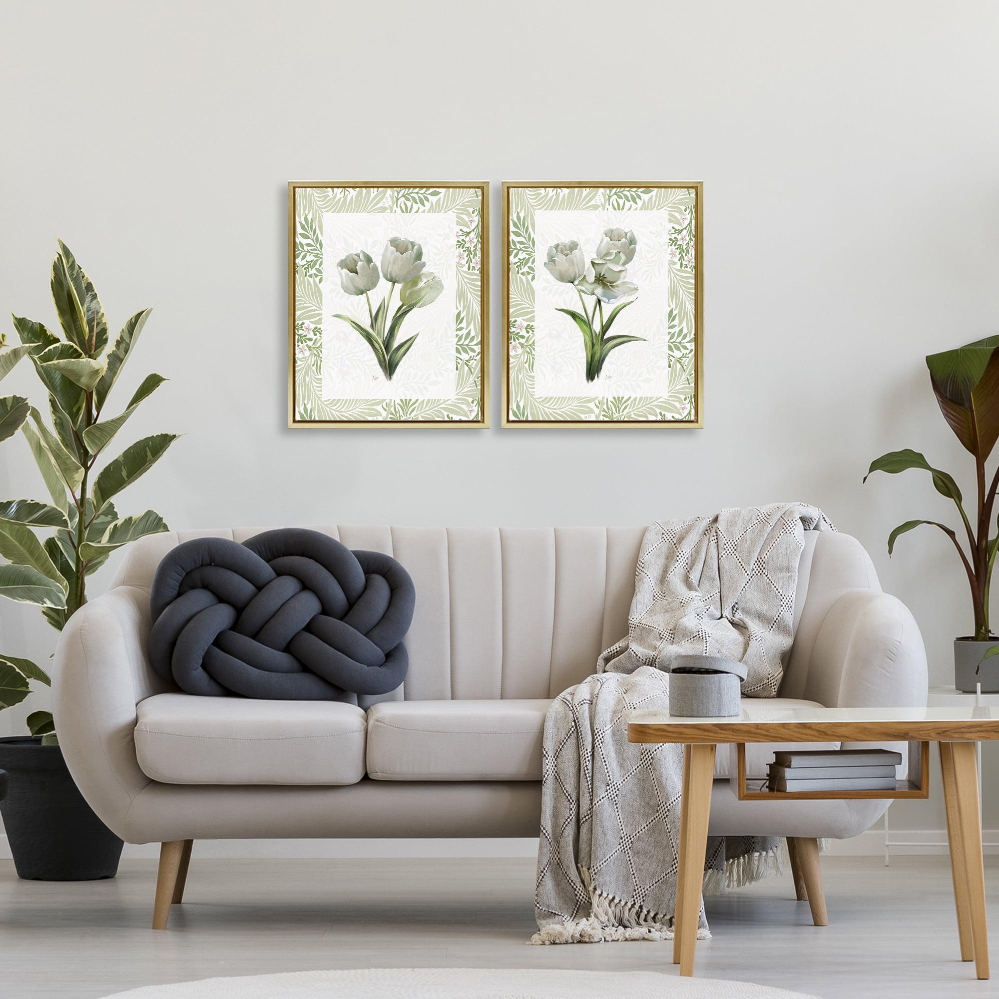 Stupell Industries Soft Green Tulip Trios 2 Piece Gold Framed Floater Canvas Set, design by Nan