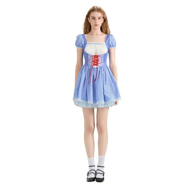 Gupgi Robe Cosplay pour Femmes Manches Courtes Patchwork en Dentelle Mini Robes à Carreaux Bleus Robe Trapèze Halloween