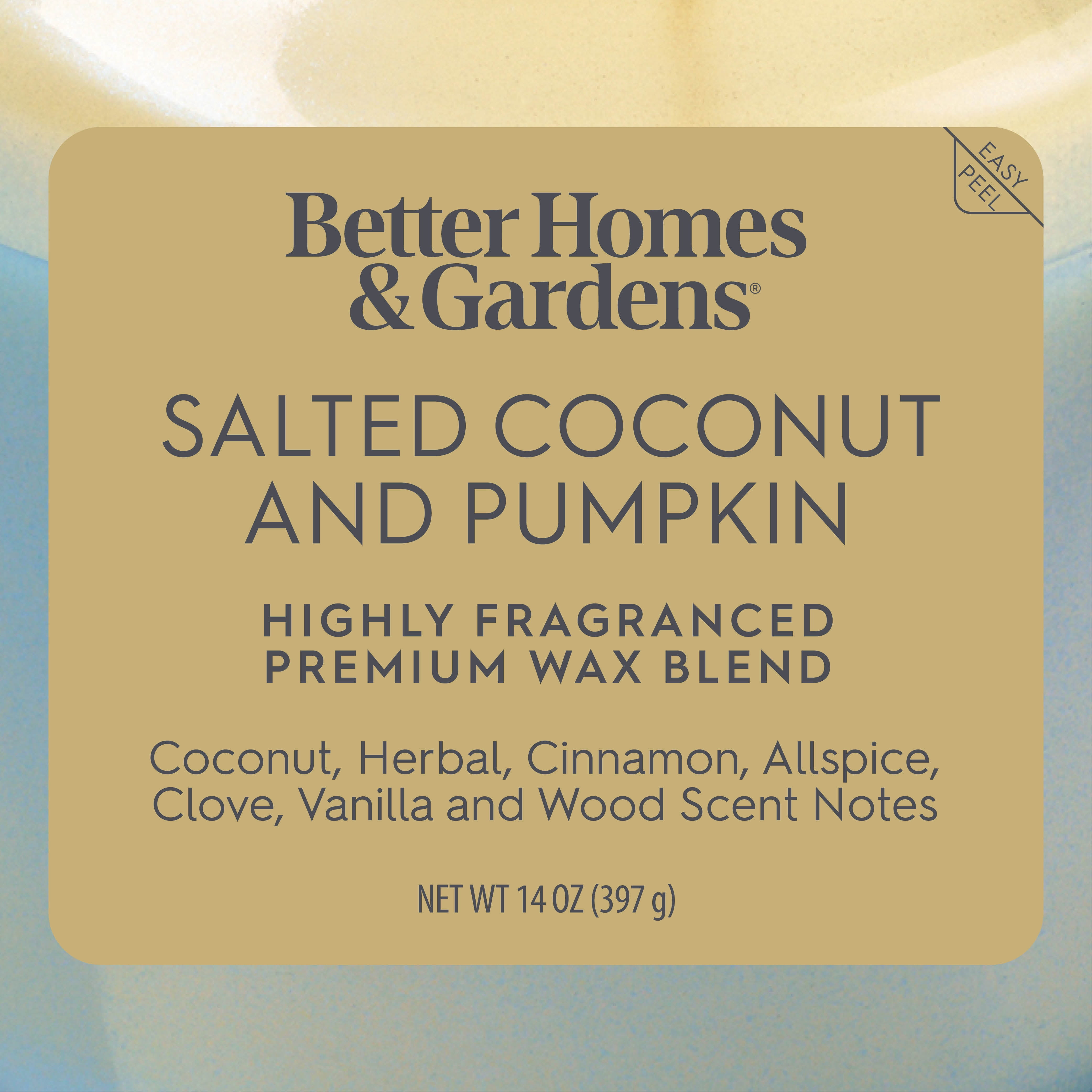 Better Homes & Gardens 2-Wick Salted Coconut & Pumpkin Candle, 14oz Blue Glass Jar with Gold Lid