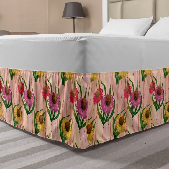 Coneflower Bed Skirt, Vintage Style Illustration of Flowers Arranged Vertically Botanical Strips, Elastic Bedskirt Dust Ruffle Wrap Around for Bedding Decor, 4 Sizes, Multicolor, by Ambesonne