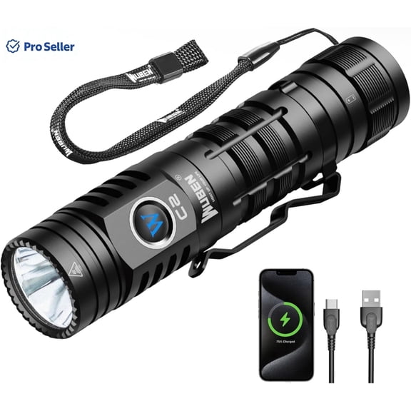 WUBEN C2 Tactical Flashlight, 2000 Lumens, USB-C Rechargeable, IP68 Waterproof, 7 Modes, Compact LED Flashlight