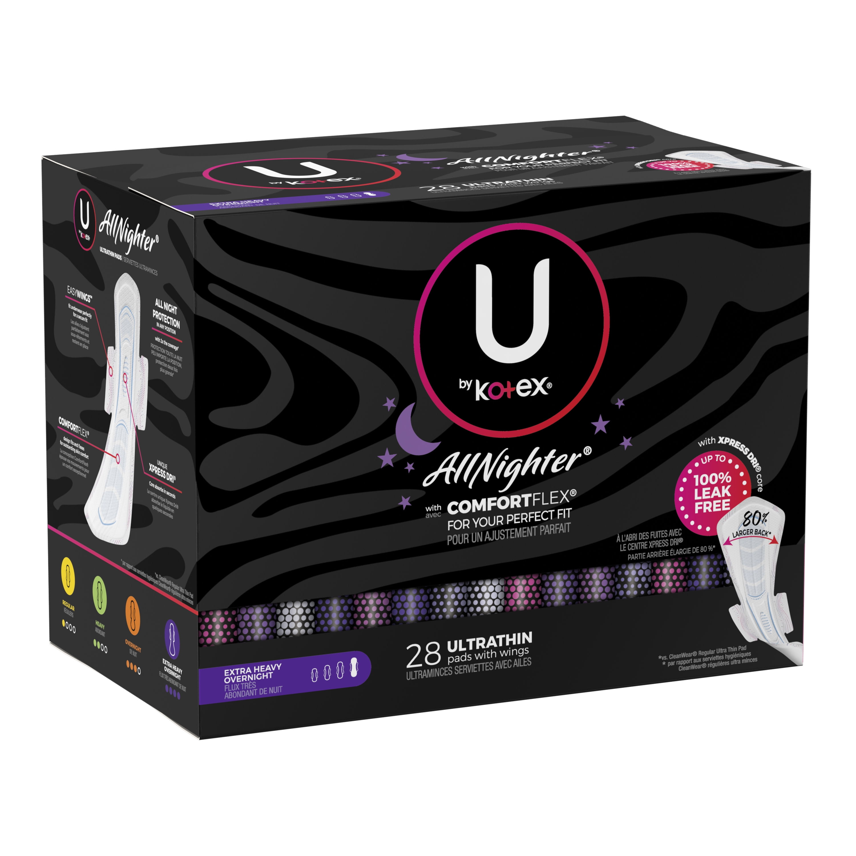 U by Kotex AllNighter Extra Heavy Overnight Pads with Wings, Ultra Thin, 28  Count 