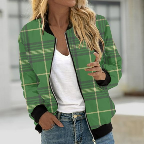 Aboser Bomber Jackets for Women Casual Zip Up Varsity Jacket Trendy Plaid Printing Coats Boyfriend Style Cropped Outerwear Stand Collar Windbreaker Jackets