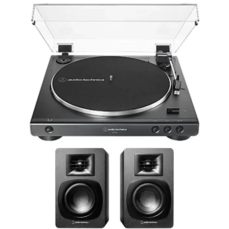 Audio-Technica AT-LP60X-BK Fully Automatic 2-Speed Belt-Drive Turntable with Audio Technica AT-SP3X Powered Bookshelf Speakers (2018)