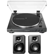 Audio-Technica AT-LP60X-BK Fully Automatic 2-Speed Belt-Drive Turntable with Audio Technica AT-SP3X Powered Bookshelf Speakers (2018)