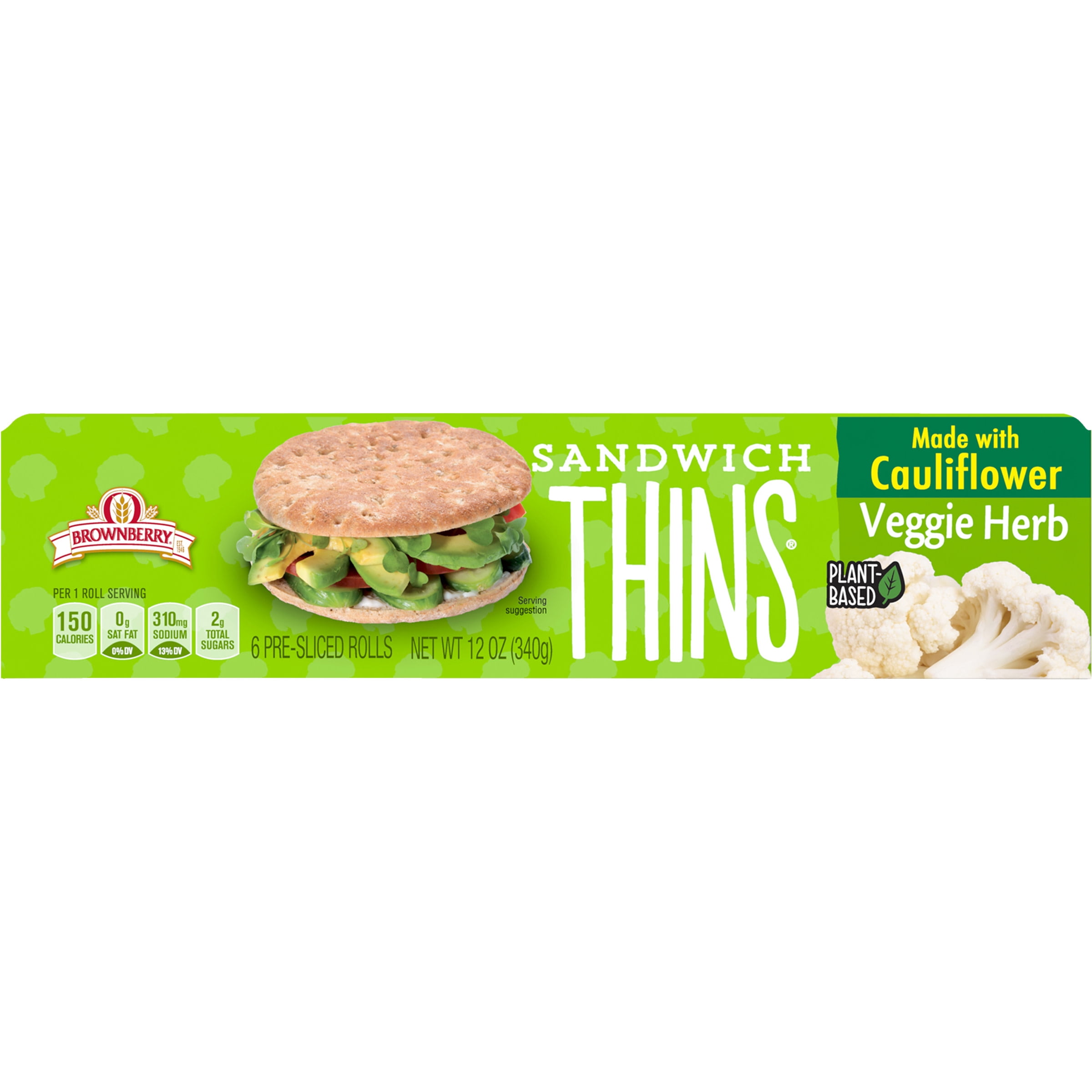 Brownberry Vegetable Herb Cauliflower Sandwich Thin Rolls, 6 Count, 12 oz Box
