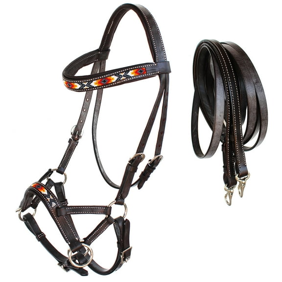 Horse Western Padded Leather Beaded Bitless Sidepull Bridle 77RT20BR-F