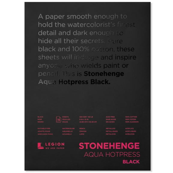 Legion Paper Stonehenge Aqua Black Watercolor Pads, Hot-Press, 9" x 12"