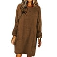 thumbnail image 1 of MAWCLOS Robes Mini pour Femmes Robe Chandail à Col Rond Chandail Uni Chandail Décontracté d'Hiver à Manches Longues Brun P, 1 of 2