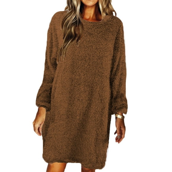 LUXUR Women Pullover Jumper Crew Neck Mini Dresses Long Sleeve Sweater Dress Loose Solid Color Brown S