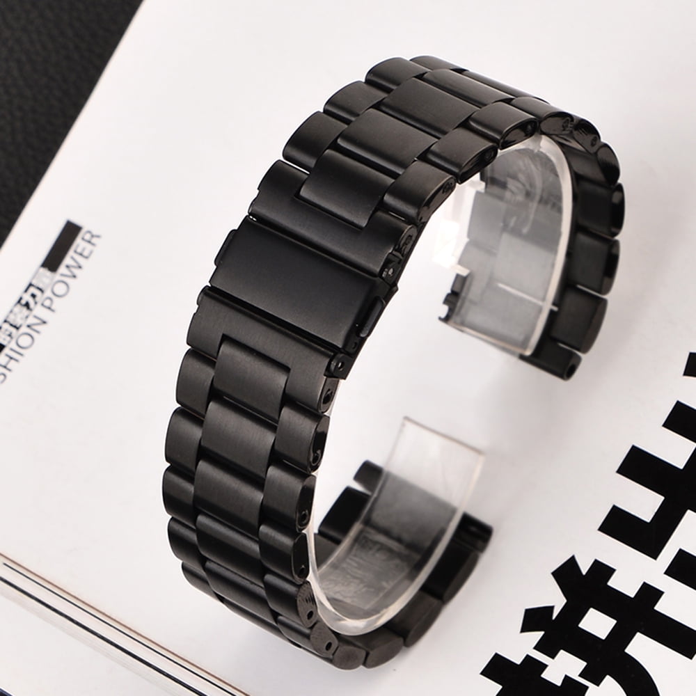 Rosnek 16 24mm Stainless Steel Watch Band Black Silver Belt Buckle