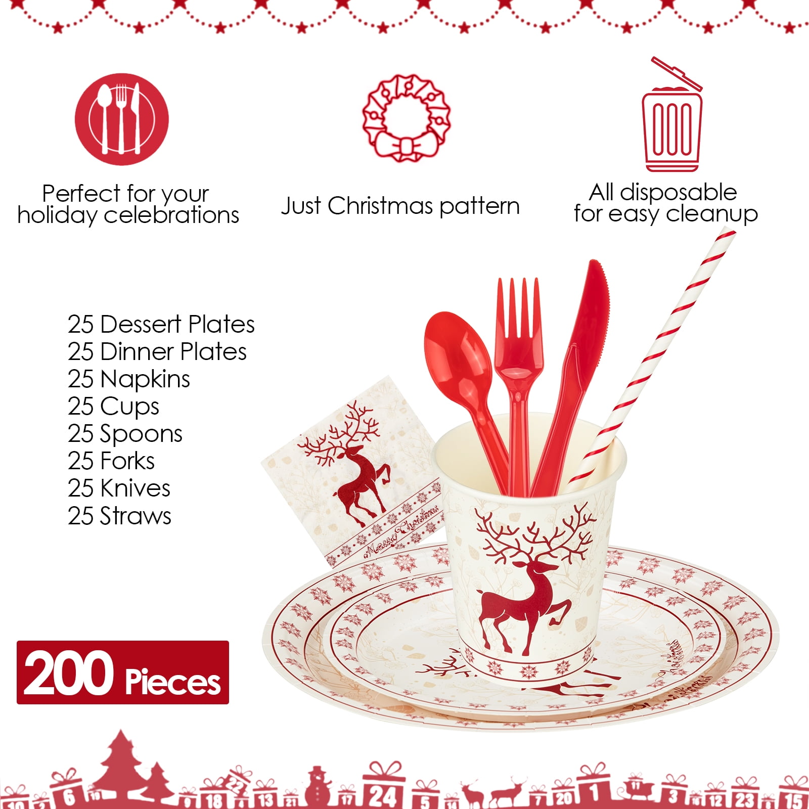 Christmas Plates and Napkins Merry Christmas Party Supplies Disposable Christmas Dinnerware Set-25 Dinner Plates 25 Dessert Plates 25 Napkins 25