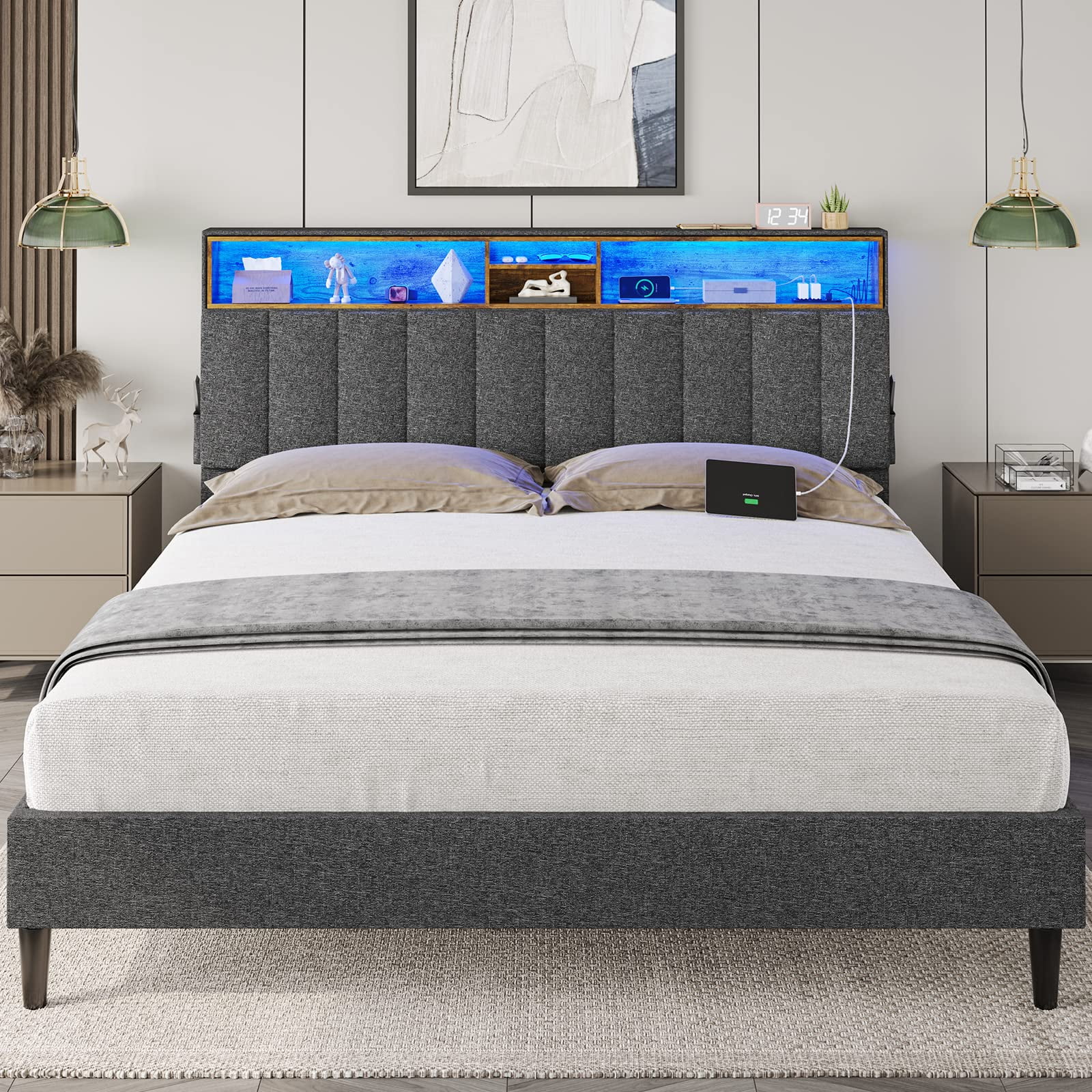 Afuhokles Queen Size LED Bed Frame with Outlet and USB Ports, Platform Bed Frame with Storage Headboard, Upholstered Bed, Dark Gray