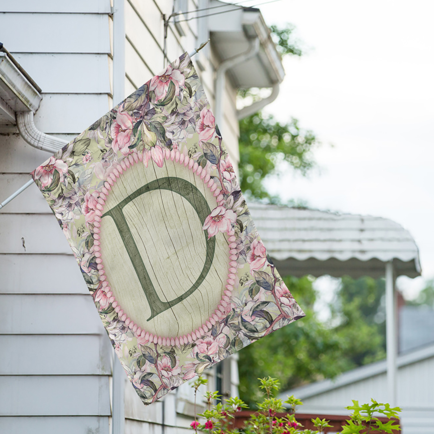 America Forever Spring Monogram House Flag Letter D 28 X 40 inches Double Sided Vertical Outdoor, Yard, Lawn, Spring Floral Design, Pink Flowers, Summer Farmhouse House Flag