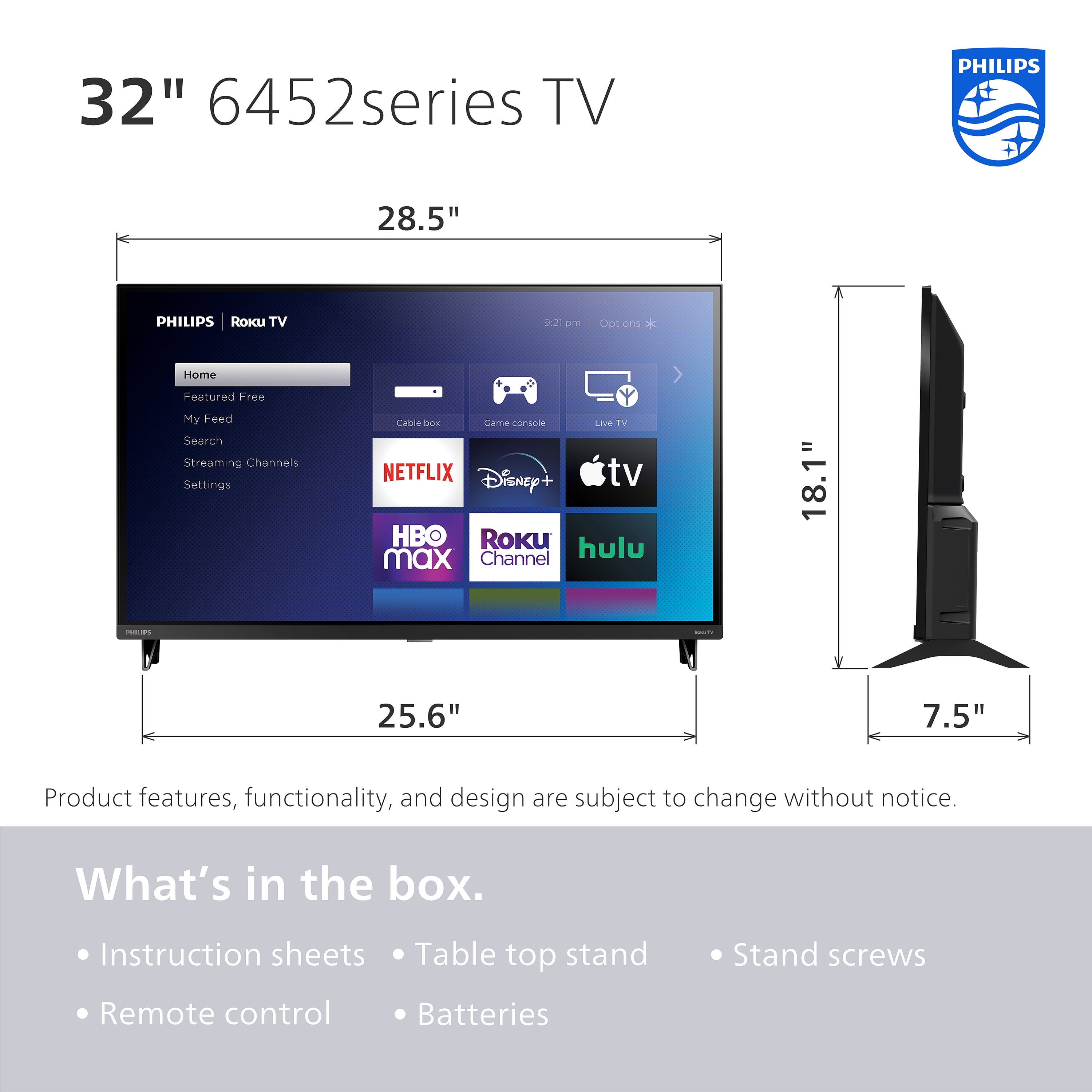 Philips 32" Class HD (720P) Smart Roku Borderless LED TV (32PFL6452/F7)