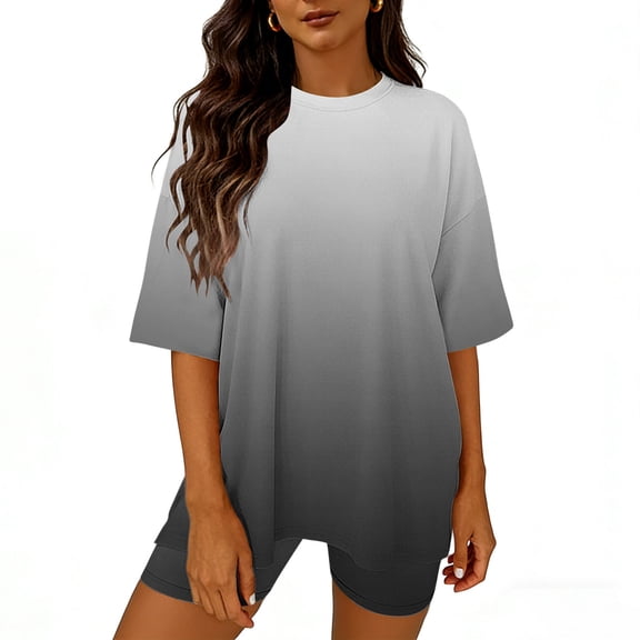 BRGZLK Womens Summer Gradient 2 Piece Outfits - Pullover Loose Crewneck Tunic Tshirts Matching Biker Shorts Tracksuit Sets