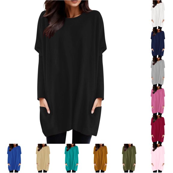 XIAONU Women's Solid Oversized Long Sleeve Top Crew Neck Loose Fit Pocket Daily Tees