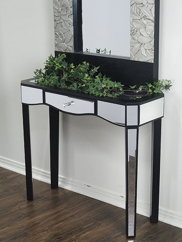 31' Black Console Table with a Mirrored Glass Top and a Drawer