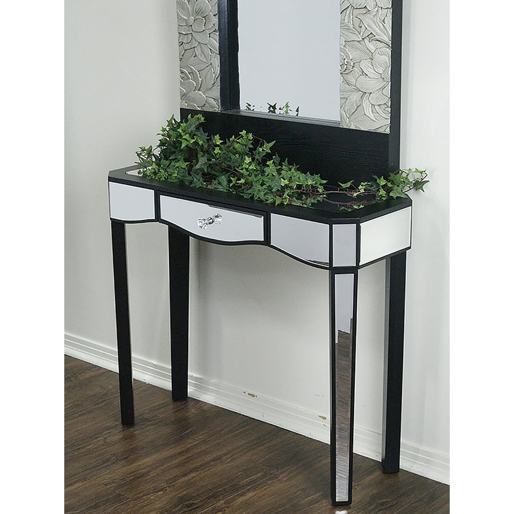 31' Black Console Table with a Mirrored Glass Top and a Drawer